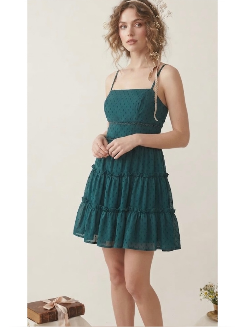 Mi Ami Francesca’s Dark Teal Swiss Dot Tiered Mini Dress Dark Coquette